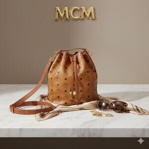 Authenticated MCM Leather Drawstring Bucket Bag